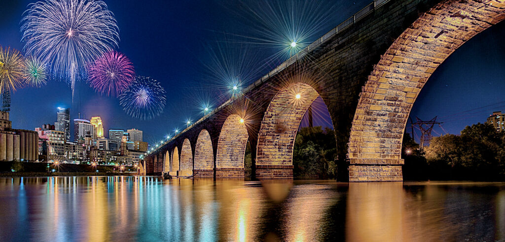 Stone Arch Bridge with Fireworks