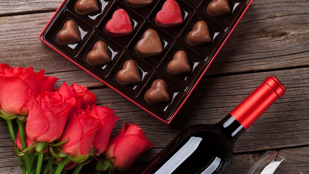 Valentine's Chocolates, Roses, and Wine